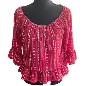 Sanctuary Women's Red Designed Patterned 3/4 Bell Sleeve Peplum Blouse SZ Small